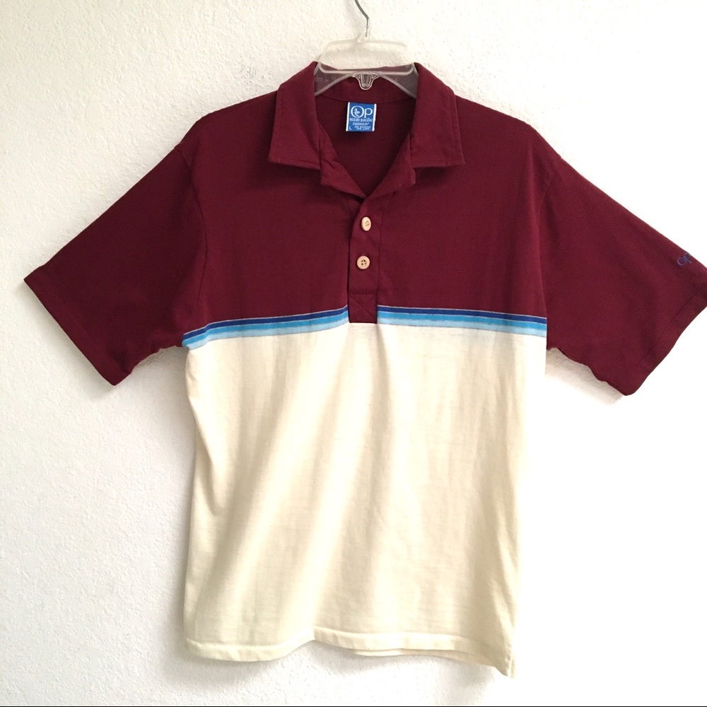 OP Men's Two-Tone Polo Shirt Burgundy and Cream with Blue Stripe